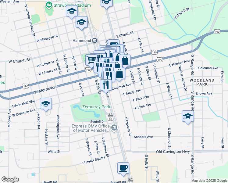 map of restaurants, bars, coffee shops, grocery stores, and more near 400 South Cypress Street in Hammond