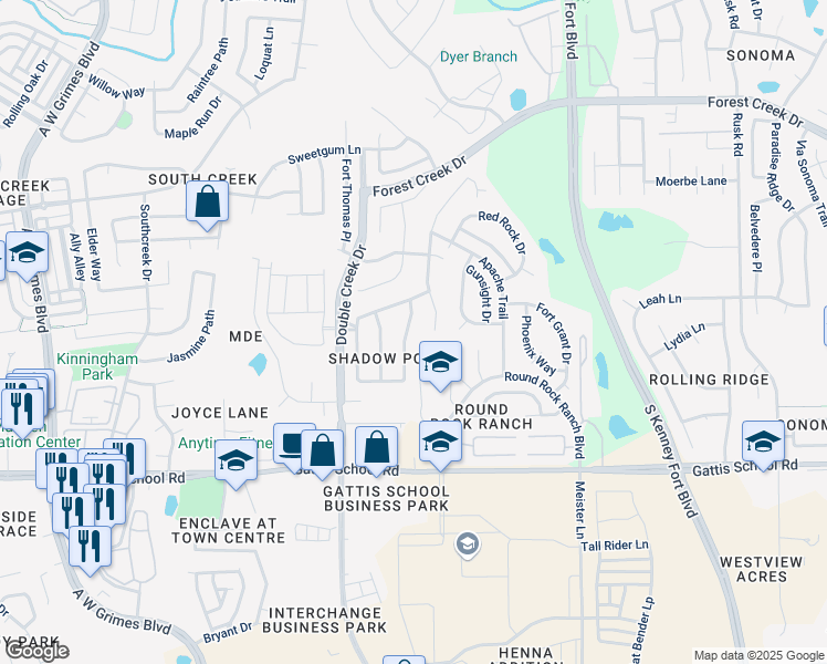 map of restaurants, bars, coffee shops, grocery stores, and more near 1321 Clary Sage Loop in Round Rock