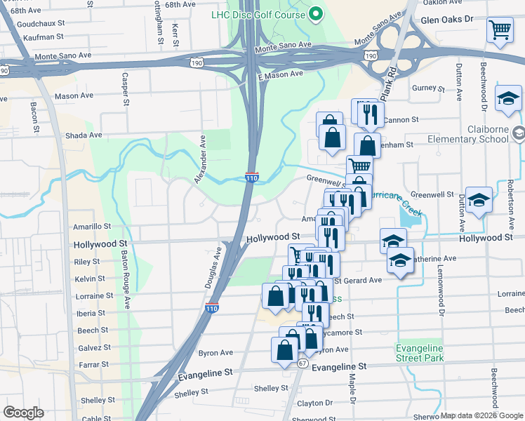 map of restaurants, bars, coffee shops, grocery stores, and more near 3160 Amarillo Street in Baton Rouge