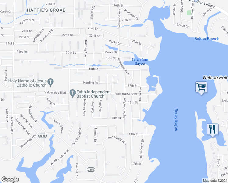 map of restaurants, bars, coffee shops, grocery stores, and more near 1629 Valparaiso Boulevard in Niceville