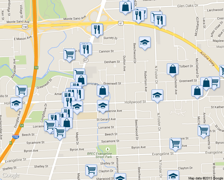 map of restaurants, bars, coffee shops, grocery stores, and more near 5637 Lemonwood Drive in Baton Rouge