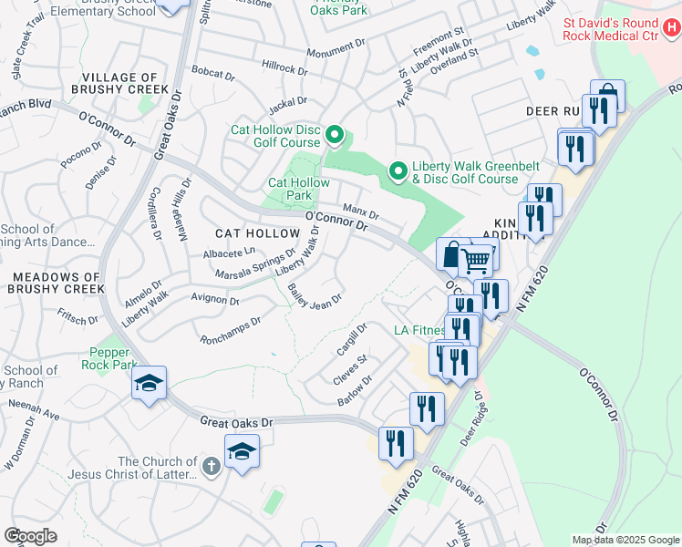 map of restaurants, bars, coffee shops, grocery stores, and more near 16827 Luckenwald Drive in Round Rock