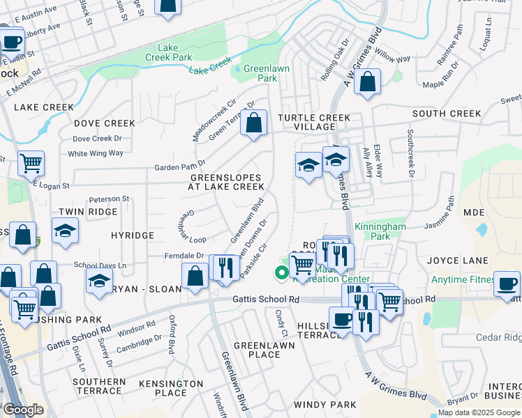 map of restaurants, bars, coffee shops, grocery stores, and more near 907 Greenlawn Boulevard in Round Rock