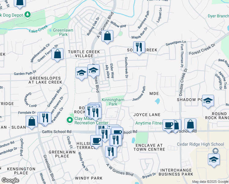 map of restaurants, bars, coffee shops, grocery stores, and more near 2016 Redwing Way in Round Rock