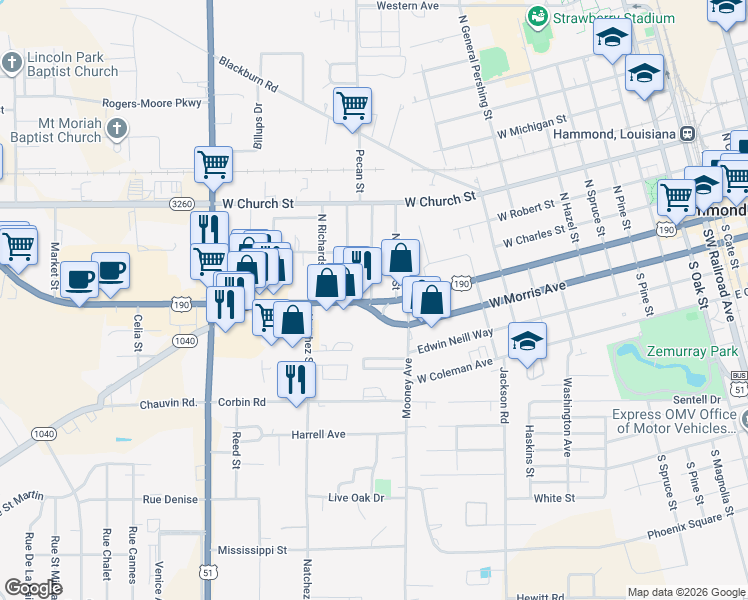 map of restaurants, bars, coffee shops, grocery stores, and more near 1322 Ronald Reagan Highway in Hammond