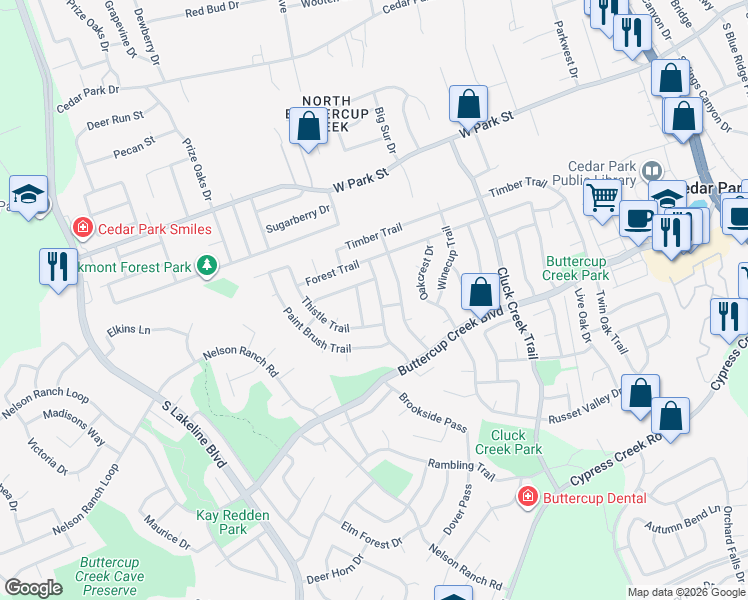 map of restaurants, bars, coffee shops, grocery stores, and more near 305 Cripple Creek Rd in Cedar Park