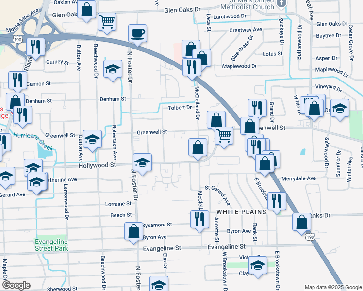 map of restaurants, bars, coffee shops, grocery stores, and more near 5665 McClelland Drive in Baton Rouge