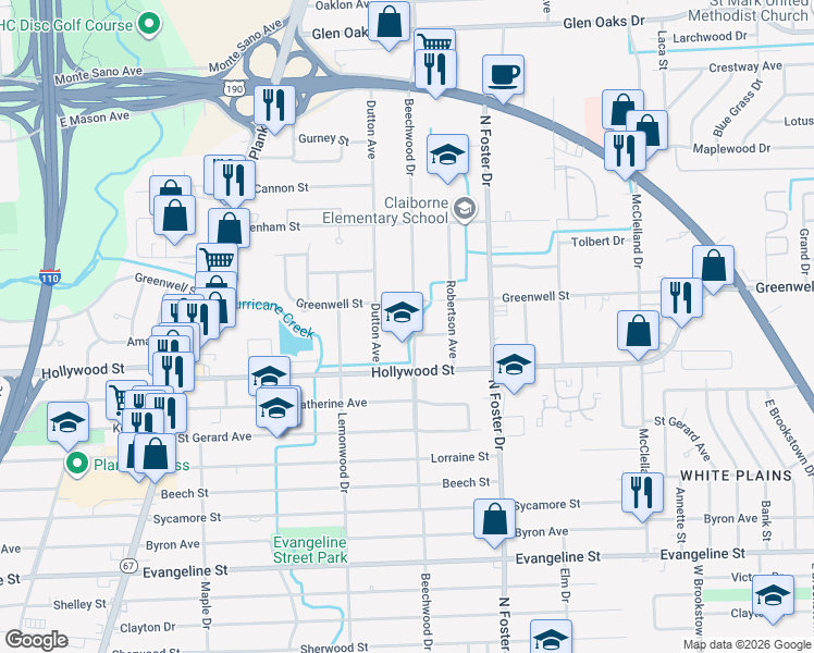 map of restaurants, bars, coffee shops, grocery stores, and more near 5555 Beechwood Drive in Baton Rouge