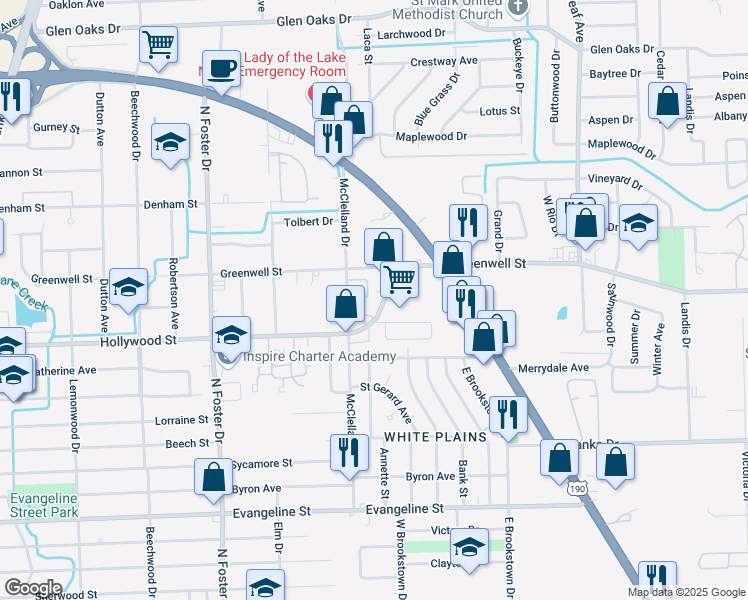 map of restaurants, bars, coffee shops, grocery stores, and more near 5627 Hollywood Crossover Street in Baton Rouge