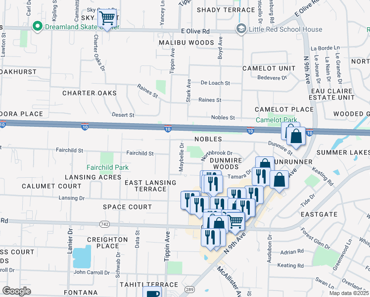 map of restaurants, bars, coffee shops, grocery stores, and more near 6222 Maybelle Drive in Pensacola