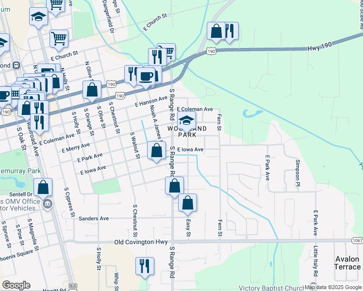 map of restaurants, bars, coffee shops, grocery stores, and more near 44263 Easy Street in Hammond