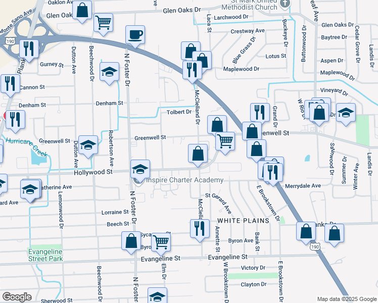 map of restaurants, bars, coffee shops, grocery stores, and more near 5665 McClelland Drive in Baton Rouge