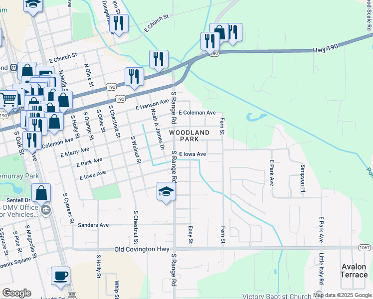 map of restaurants, bars, coffee shops, grocery stores, and more near 44263 Easy Street in Hammond