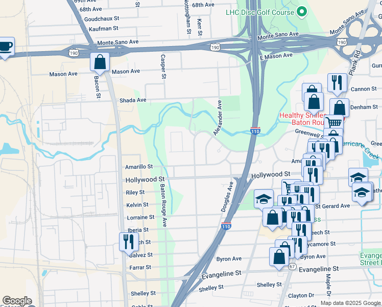 map of restaurants, bars, coffee shops, grocery stores, and more near 2642 Greenwell Street in Baton Rouge