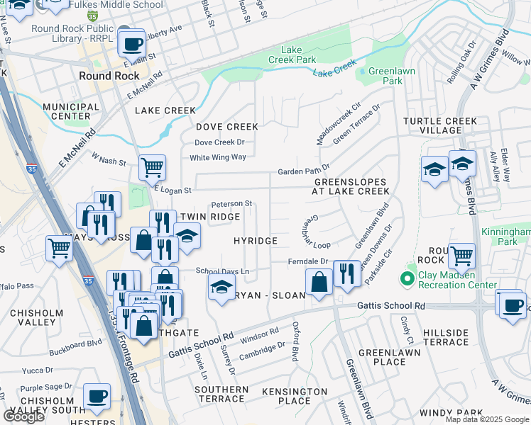 map of restaurants, bars, coffee shops, grocery stores, and more near 904 Lawnmont Drive in Round Rock