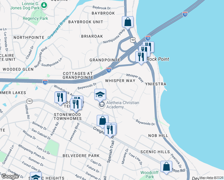map of restaurants, bars, coffee shops, grocery stores, and more near 4483 Whisper Court in Pensacola