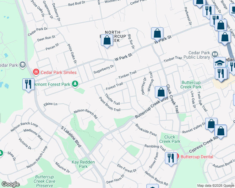 map of restaurants, bars, coffee shops, grocery stores, and more near 1106 Pebble Brook Road in Cedar Park