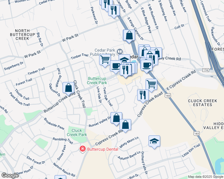 map of restaurants, bars, coffee shops, grocery stores, and more near 413 Mountain Laurel Drive in Cedar Park