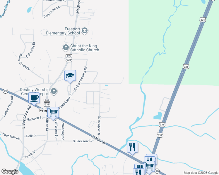 map of restaurants, bars, coffee shops, grocery stores, and more near 446 North Jackson Street in Freeport