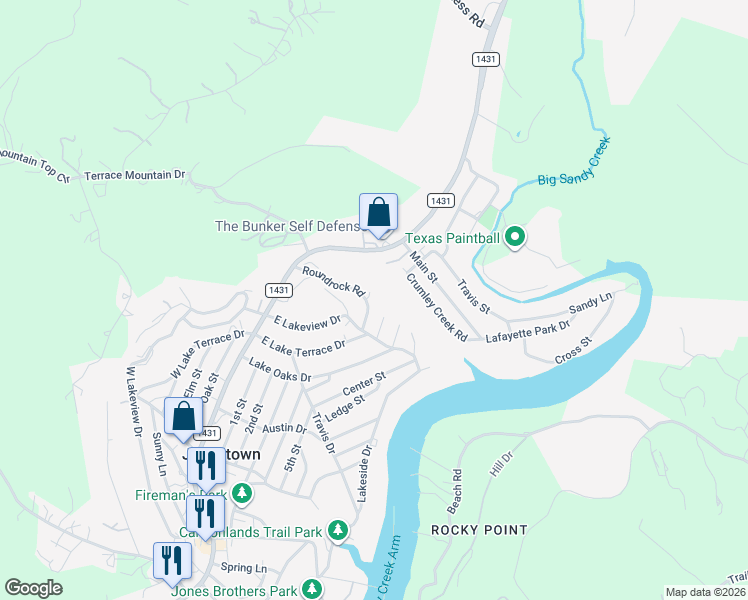 map of restaurants, bars, coffee shops, grocery stores, and more near 18324 Roundrock Road in Jonestown