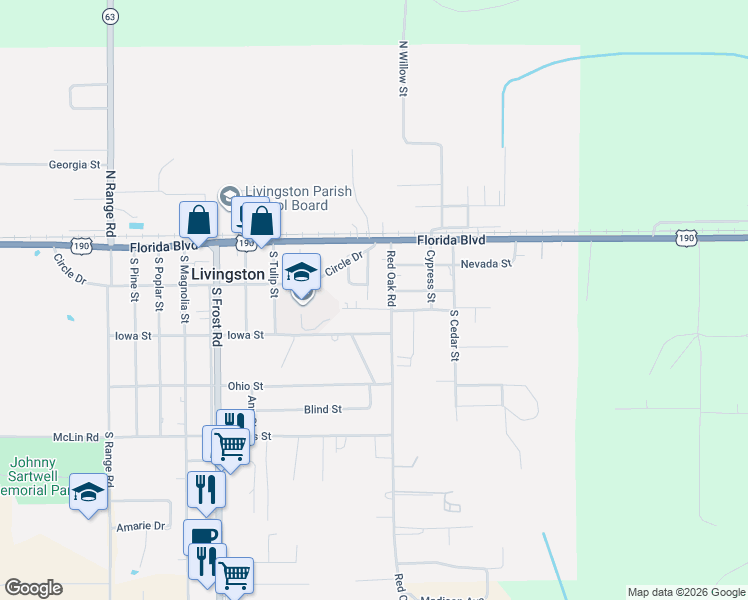 map of restaurants, bars, coffee shops, grocery stores, and more near 20715 Vermont Street in Livingston