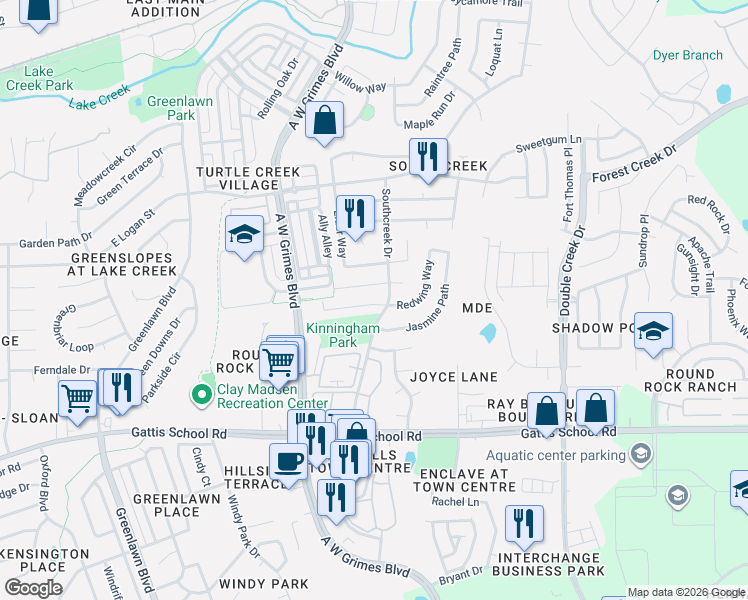 map of restaurants, bars, coffee shops, grocery stores, and more near 2036 Redwing Way in Round Rock