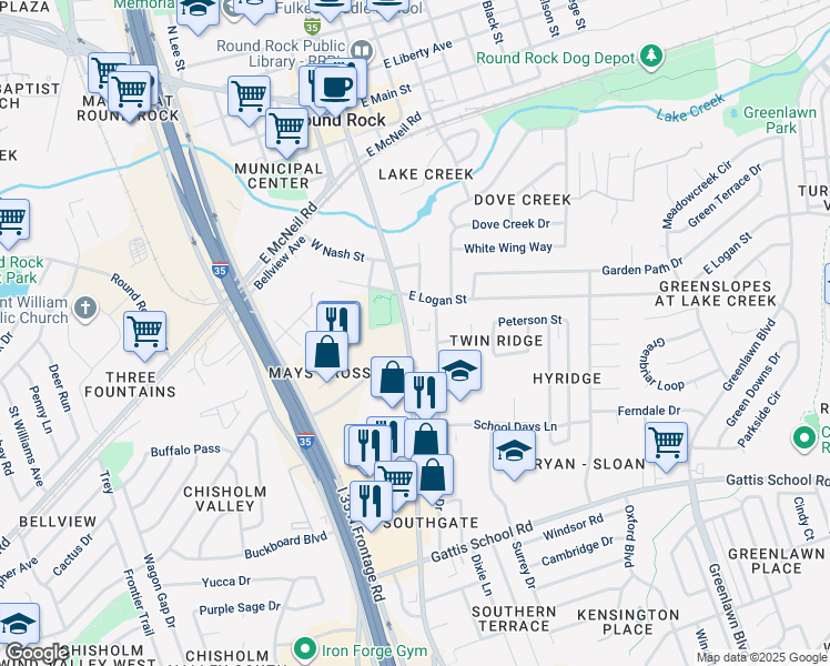 map of restaurants, bars, coffee shops, grocery stores, and more near 901 South Mays Street in Round Rock