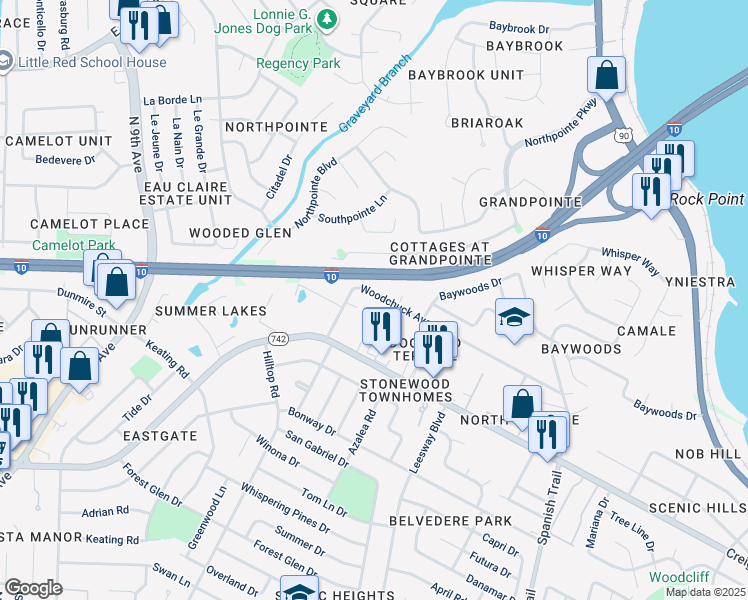 map of restaurants, bars, coffee shops, grocery stores, and more near 1511 Woodchuck Avenue in Pensacola