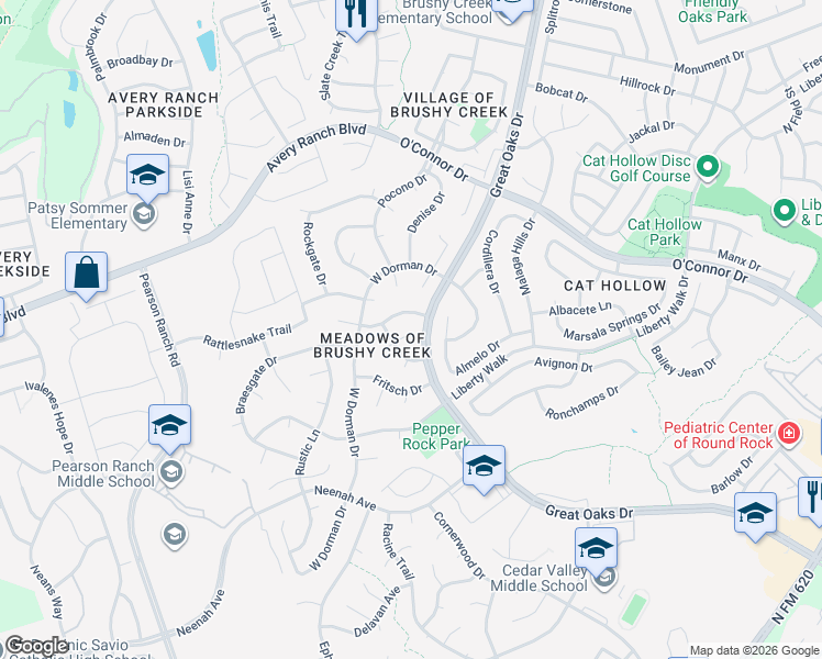 map of restaurants, bars, coffee shops, grocery stores, and more near 8800 Grape Cove in Austin