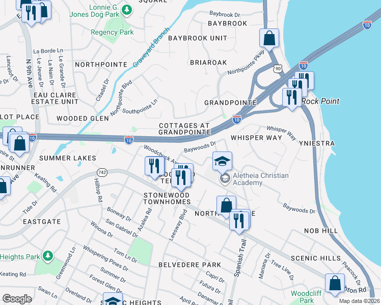map of restaurants, bars, coffee shops, grocery stores, and more near 3922 Elmcrest Drive in Pensacola