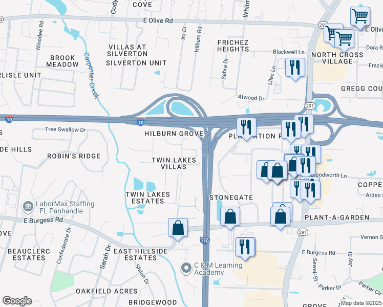 map of restaurants, bars, coffee shops, grocery stores, and more near 7250 Hilburn Road in Pensacola