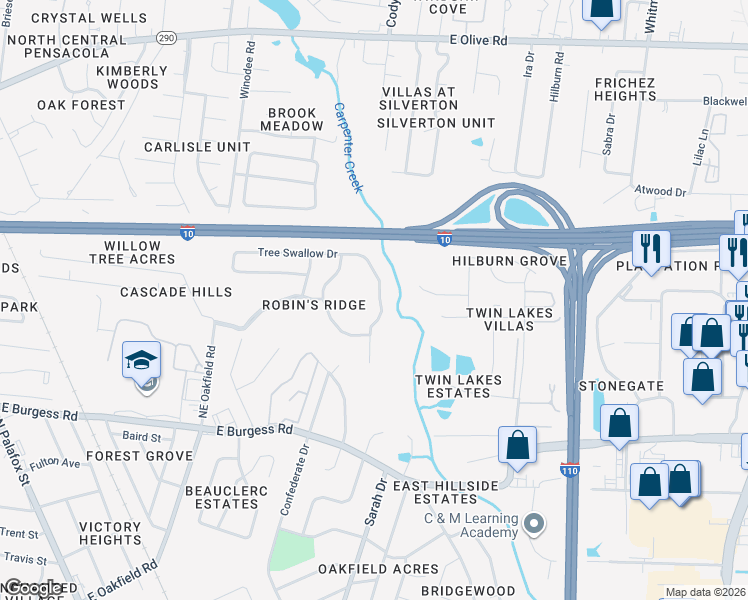 map of restaurants, bars, coffee shops, grocery stores, and more near 392 Tree Swallow Drive in Pensacola