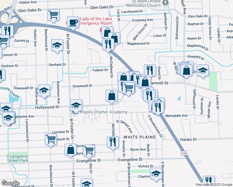 map of restaurants, bars, coffee shops, grocery stores, and more near 5627 Hollywood Crossover Street in Baton Rouge