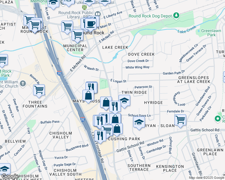 map of restaurants, bars, coffee shops, grocery stores, and more near 901 South Mays Street in Round Rock