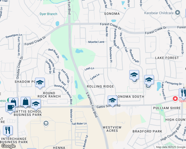 map of restaurants, bars, coffee shops, grocery stores, and more near 1004 Kimberly Cove in Round Rock