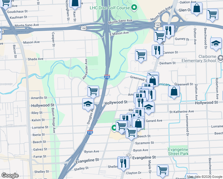 map of restaurants, bars, coffee shops, grocery stores, and more near 3160 Amarillo Street in Baton Rouge