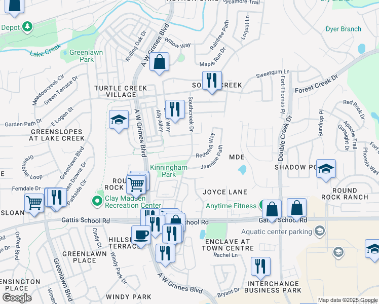 map of restaurants, bars, coffee shops, grocery stores, and more near 2046 Redwing Way in Round Rock