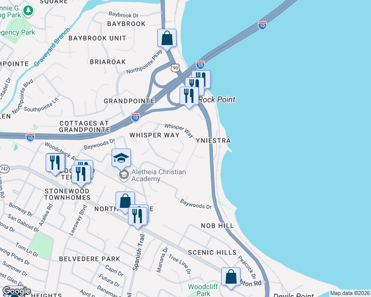 map of restaurants, bars, coffee shops, grocery stores, and more near 7432 Camale Drive in Pensacola