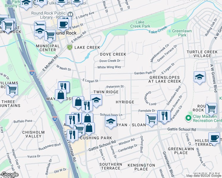 map of restaurants, bars, coffee shops, grocery stores, and more near 1002 Hayden Way in Round Rock