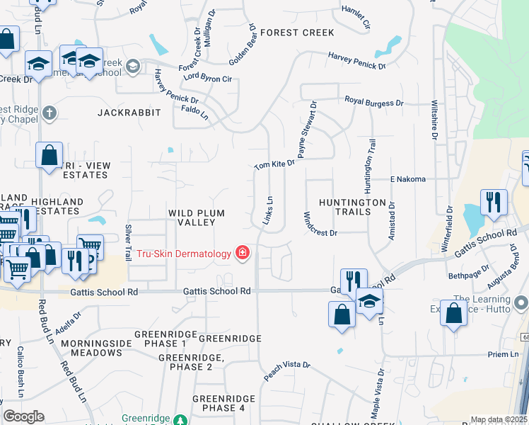 map of restaurants, bars, coffee shops, grocery stores, and more near 3930 Links Lane in Round Rock