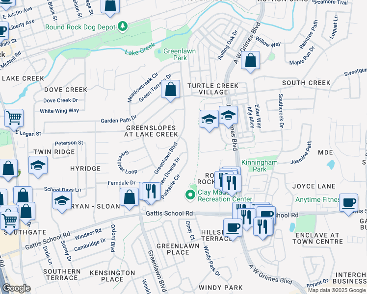 map of restaurants, bars, coffee shops, grocery stores, and more near 907 Greenlawn Boulevard in Round Rock