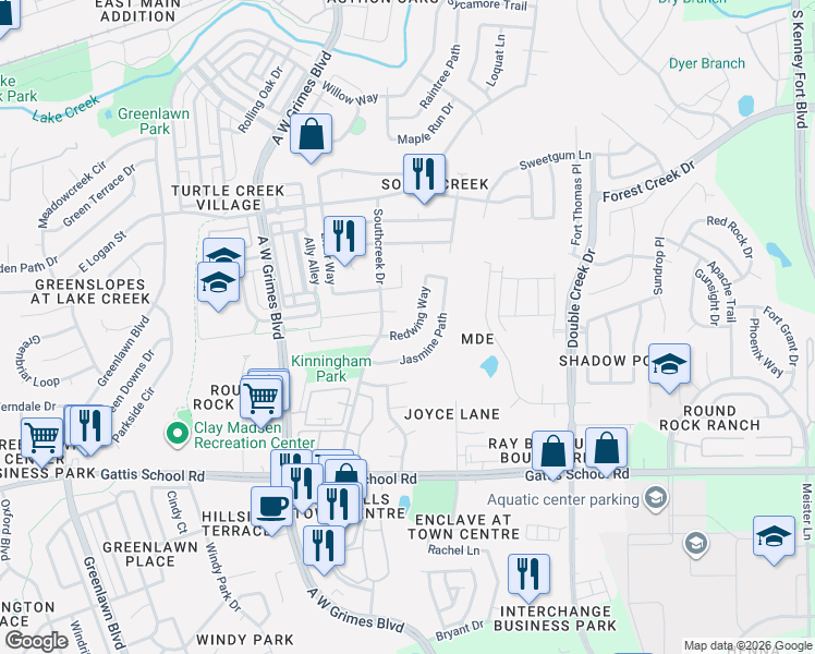 map of restaurants, bars, coffee shops, grocery stores, and more near 2125 Redwing Way in Round Rock