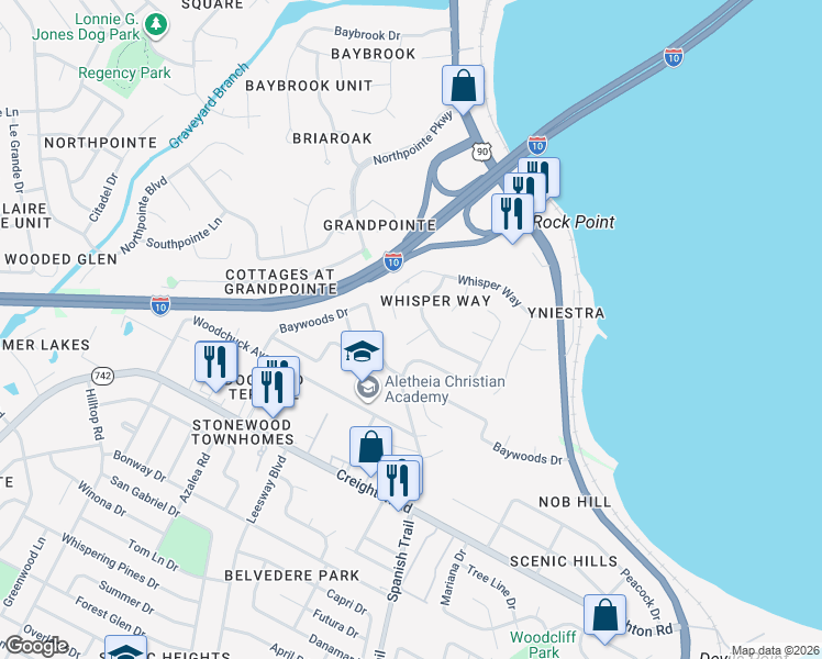 map of restaurants, bars, coffee shops, grocery stores, and more near 4483 Whisper Court in Pensacola