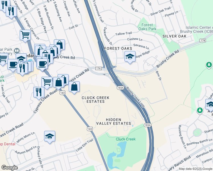 map of restaurants, bars, coffee shops, grocery stores, and more near 1199 North Kent Lane in Cedar Park