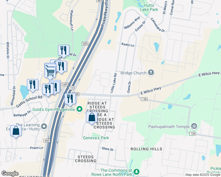 map of restaurants, bars, coffee shops, grocery stores, and more near 103 Little Lake Road in Hutto