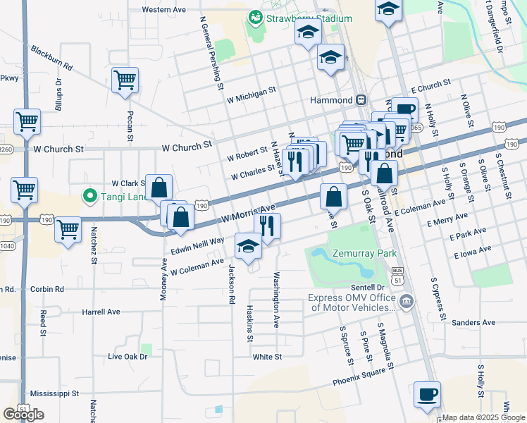 map of restaurants, bars, coffee shops, grocery stores, and more near 703 West Morris Avenue in Hammond
