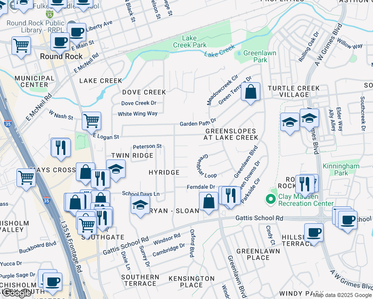 map of restaurants, bars, coffee shops, grocery stores, and more near 903 Garden Valley Cove in Round Rock