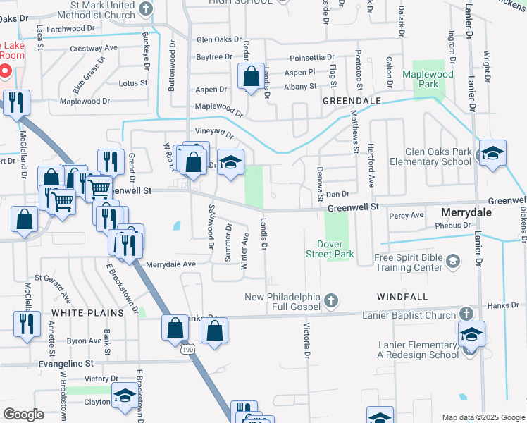 map of restaurants, bars, coffee shops, grocery stores, and more near 5599 Landis Drive in Baton Rouge