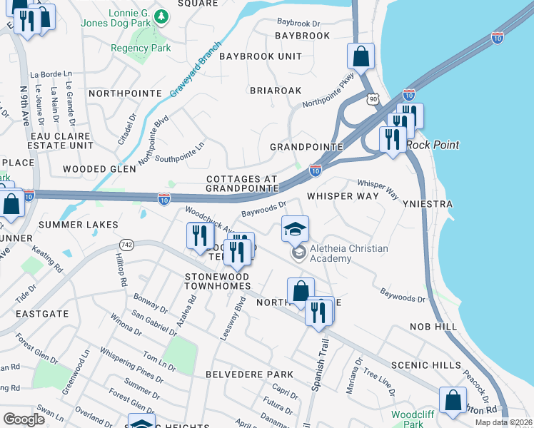 map of restaurants, bars, coffee shops, grocery stores, and more near 4009 Baywoods Drive in Pensacola
