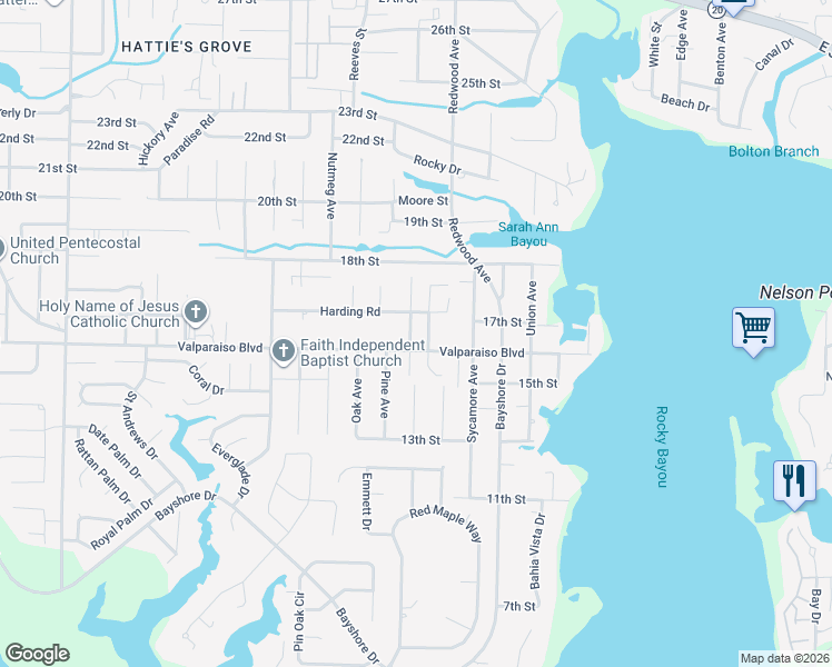 map of restaurants, bars, coffee shops, grocery stores, and more near 1629 Valparaiso Boulevard in Niceville